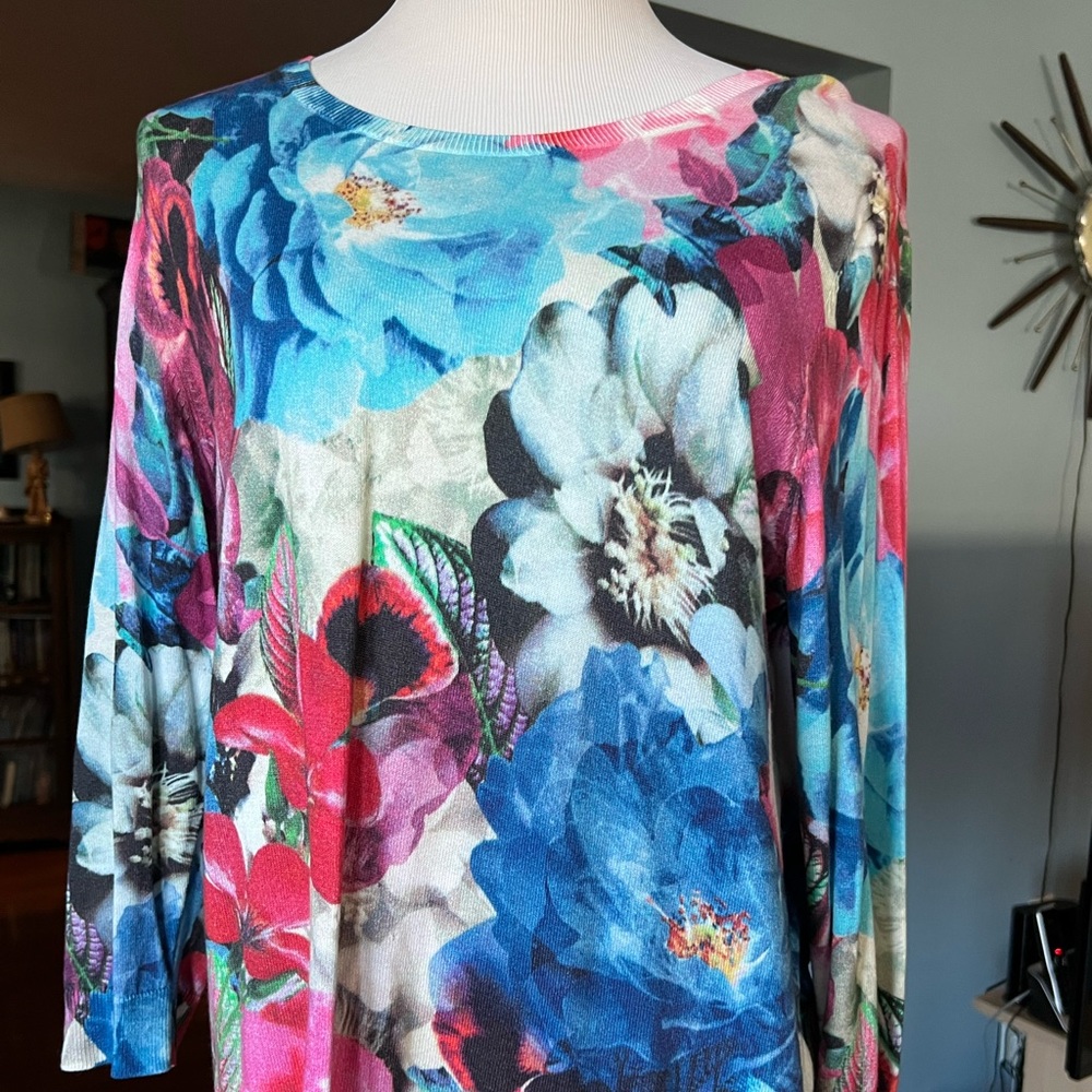 Cotton blend knit floral print TALBOTS XL lightweight pullover 3/4 sleeve